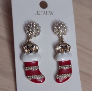 J. Crew Christmas Puppy Dog Red Stocking Pearl Gold Earrings